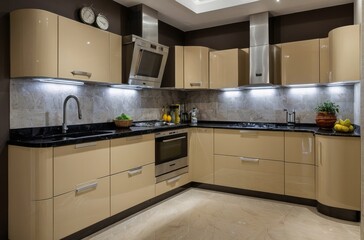 Fototapeta premium Contemporary Modular Beige Kitchen Design With Glossy Finish