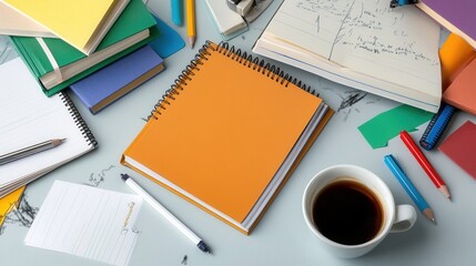 A study desk covered in an unorganized pile of books, notes