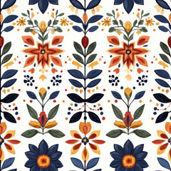 Fototapeta premium Vibrant floral seamless pattern featuring colorful flowers and leaves, ideal for textiles and wallpapers. design showcases rich palette of blues, oranges, and greens