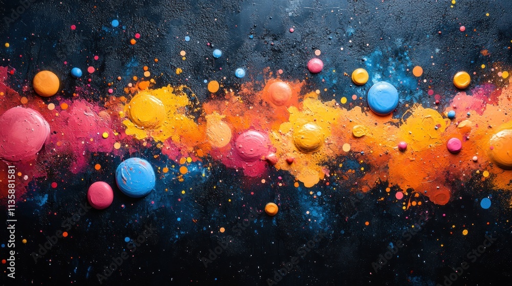 Poster abstract colorful paint splashes on a dark background, creating a vibrant artistic effect.