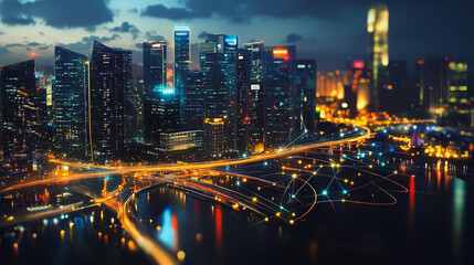 Smart digital Innovation city with connection network reciprocity over the cityscape. of future smart wireless digital city and social media networking systems that connects people with in city