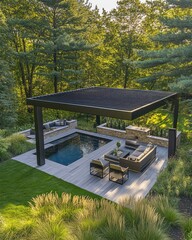 Obraz premium Luxury Backyard Oasis: Modern Pergola, Pool, and Landscaping Design