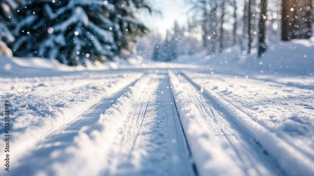 Wall mural Snow-covered Cross-Country Ski Trail with Tracks and Falling Snow