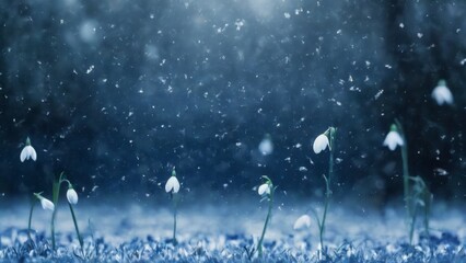 Winter Wonderland: Dark Blue Background with Falling Snowflakes and Bokeh Effect, Serene and Peaceful Atmosphere.