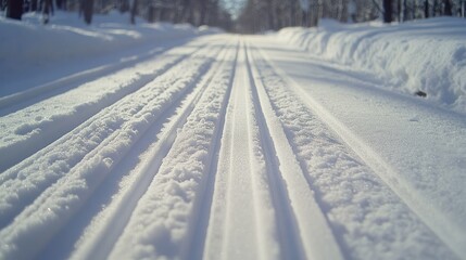 Close-up of a Cross-Country Ski Trail in a Snowy Forest