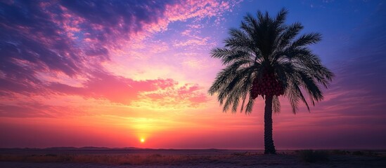 Obraz premium Silhouetted palm tree with a vibrant sunrise in the background.