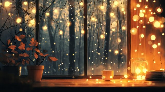 Cozy Window View with Lights, Coffee, and Books - Powered by Adobe