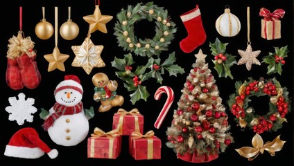 Christmas Ornaments Collection with Snowman, Gingerbread Man, Christmas Tree, Candy Cane, Wreath, Bell, Stockings in Grid Pattern