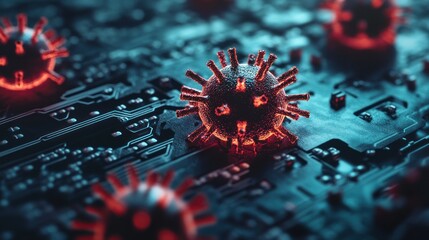 Red Virus Particle on Circuit Board
