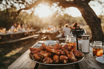 A platter of chicken wings served outdoors during a social gathering at sunset.