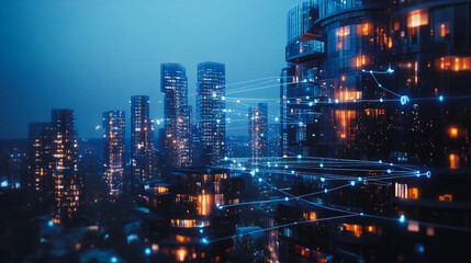 Smart digital Innovation city with connection network reciprocity over the cityscape. of future smart wireless digital city and social media networking systems that connects people with in city