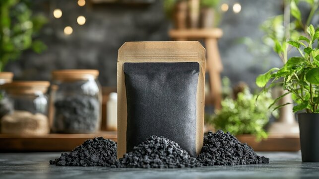 Black activated carbon in a stand-up pouch, on a table with two piles of carbon granules in front, a small potted plant, and a blurred background of additional jars.