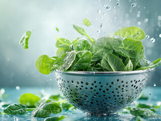 Fresh spinach leaves in colander with water droplets splashing around, creating vibrant and refreshing scene. green leaves glisten under light, emphasizing their freshness and vitality
