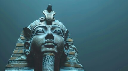 Ancient Egyptian pharaoh with decorative headdress against a blue background