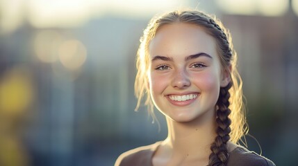 Fototapeta premium close-up of confident young woman with braided hair and radiant smile standing against blurred urban backdrop