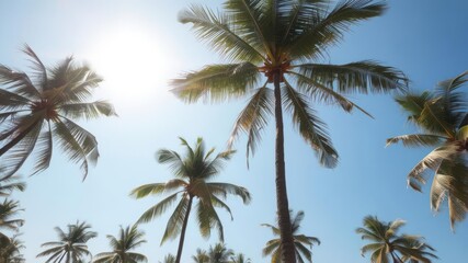 Coconut palm trees under a shining sun against a bright blue sky, tropical trees