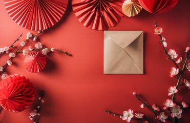 chinese new year celebration concept banner,red paper fans decorations on red background,copy space