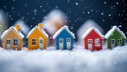 Colorful Miniature Houses in Snowy Winter Scene