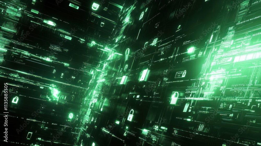 Aufkleber abstract digital landscape featuring green data streams and security symbols.