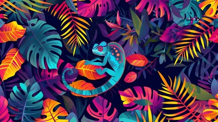 Obraz premium A chameleon sitting on a leaf in a tropical jungle.