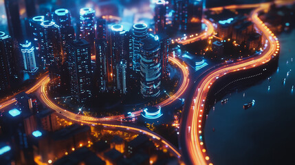 Fototapeta premium Smart digital Innovation city with connection network reciprocity over the cityscape. of future smart wireless digital city and social media networking systems that connects people with in city