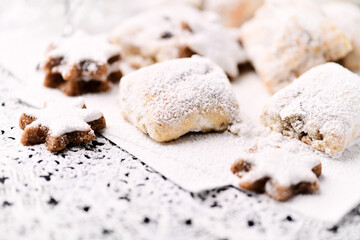 Stollen Bites on bright background. Soft focus. Close up.