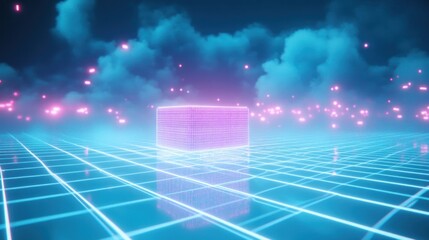 Fototapeta premium Illuminated Cube on Retro Grid Landscape