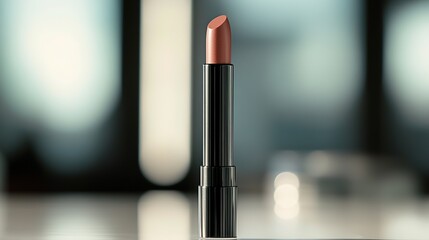close-up of matte lipstick applied flawlessly under diffused lighting and neutral blurred background