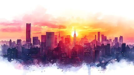 Vibrant Sunset Over a City Skyline with Colorful Hues and Tall Buildings Silhouetted Against a Dazzling Sky in an Elegant Watercolor Style