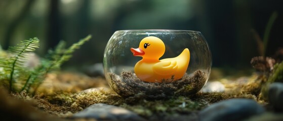 a yellow rubber duck in a glass bowl