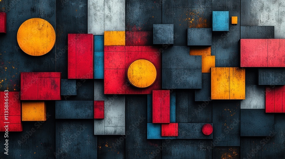 Poster abstract geometric design featuring colorful shapes on a textured background.