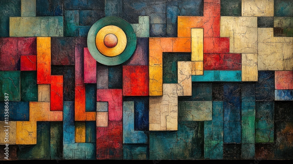 Poster Abstract geometric artwork featuring vibrant colors and shapes with a central circular element.