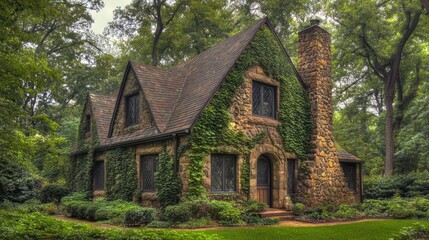 Obraz premium Stone Cottage Overgrown With Lush Green Vines In Woods