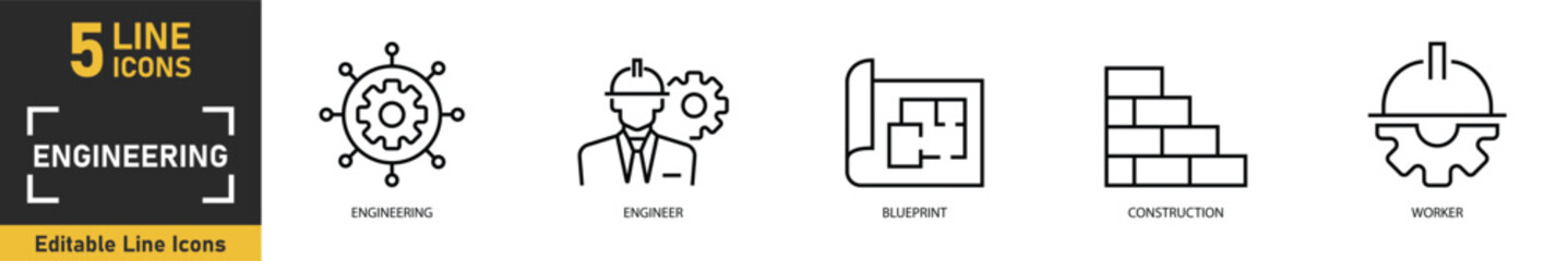 Fototapeta premium Engineering line icon set. Set of 5 outline icons related to engineering, engineer, blueprint, construction, worker and more. Vector illustration.