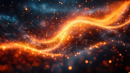 Abstract glowing waves of light with sparkling particles in a dark background.