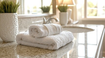A bright bathroom countertop with clean surfaces, fresh towels, and elegant decor, promoting a sense of cleanliness.