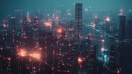 Obraz premium Smart digital Innovation city with connection network reciprocity over the cityscape. of future smart wireless digital city and social media networking systems that connects people with in city