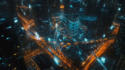 Smart digital Innovation city with connection network reciprocity over the cityscape. of future smart wireless digital city and social media networking systems that connects people with in city