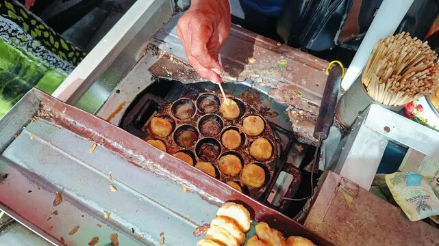 Traditional street food from fried pentol, meatballs, cilok, fried cimol. Focus on food, 