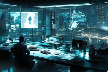 Cybersecurity Analyst at Night Monitoring Global Network Data Streams Futuristic Office with High-Tech Displays