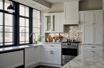 Modern Kitchen Design With White Herringbone Backsplash