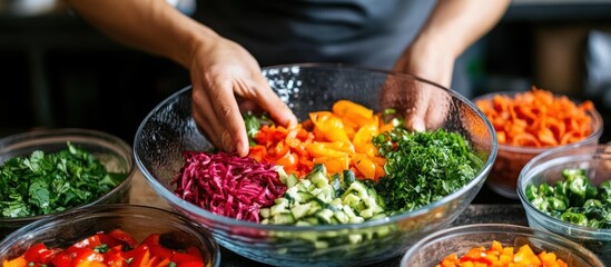Obraz premium Close-up of a chef's hands preparing a salad with fresh vegetables, including red cabbage, cucumber, bell peppers, and herbs in a glass bowl.