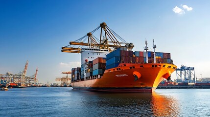 Fototapeta premium Cargo ship in port. Global trade and logistics concept.