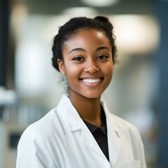 a woman smiles while wearing a white lab coat
