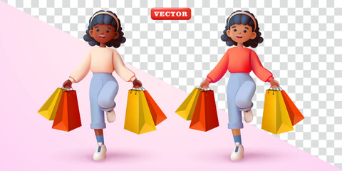 Woman carrying shopping bags happily. 3d vector suitable for, promotion, advertising and design element