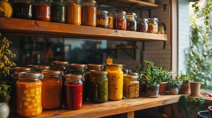 A wooden shelf filled with jars of preserved fruits and vegetables, showcasing a healthy and sustainable lifestyle.