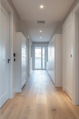 Bright hallway with white doors, light wood floors, and recessed lighting.