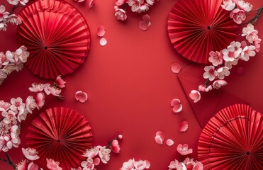 chinese new year celebration concept banner,red paper fans decorations on red background,copy space