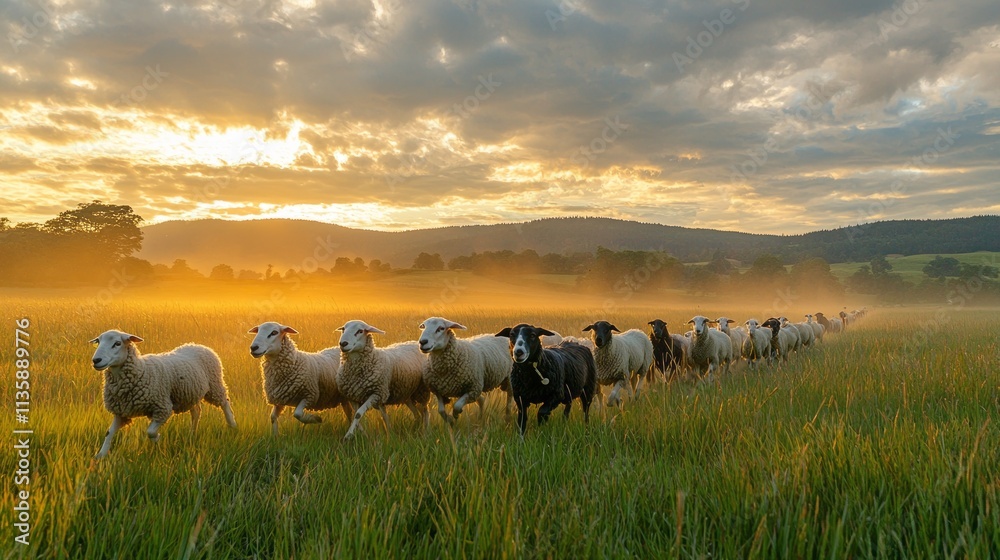 Poster A herd of sheep are running through a field