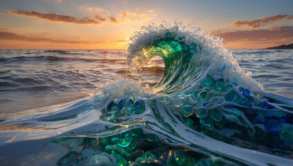 Plastic Wave Rising Against a Sunset Background, concept